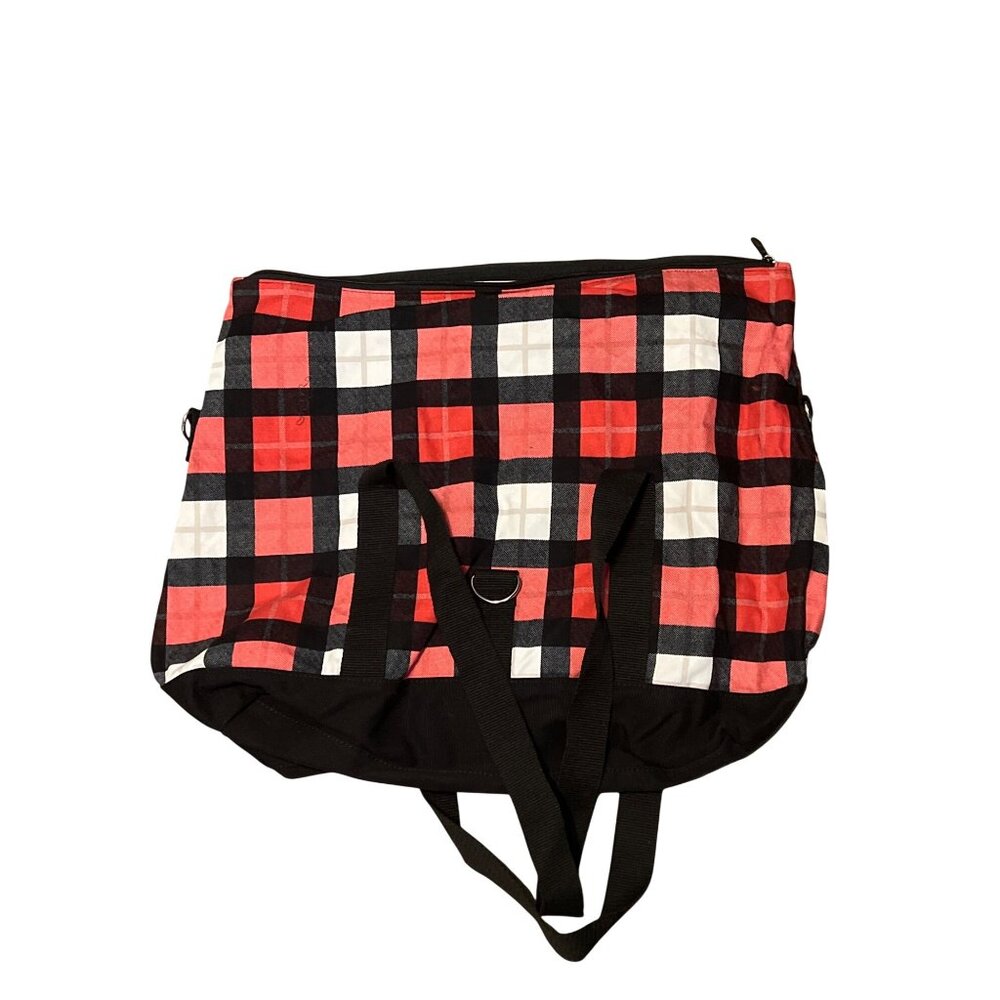 Red & Black Plaid Travel Tote Bag With Zipper And Dual Handles